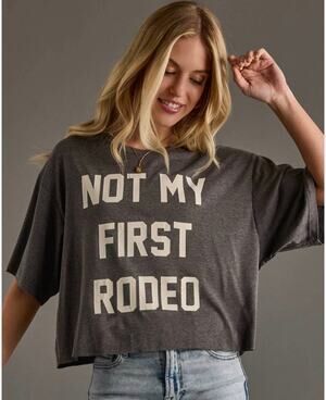 Caution To The Wind Not My First Rodeo Cropped Graphic Tee Shirt Medium Gray
